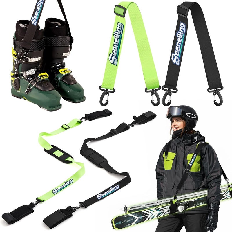 Seenelling 4 Pcs Ski Boot and Pole Carrier Straps Skiing Accessories 2 Anti Slip Boot Straps 2 Adjustable Shoulder Slings with Cushioned Pad and Buckle, Outdoor Winter Essential for Men Women - Image 1